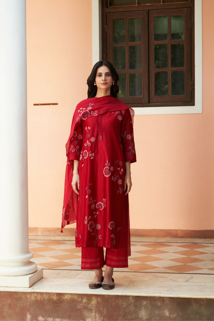 crimson floral applique kurta set