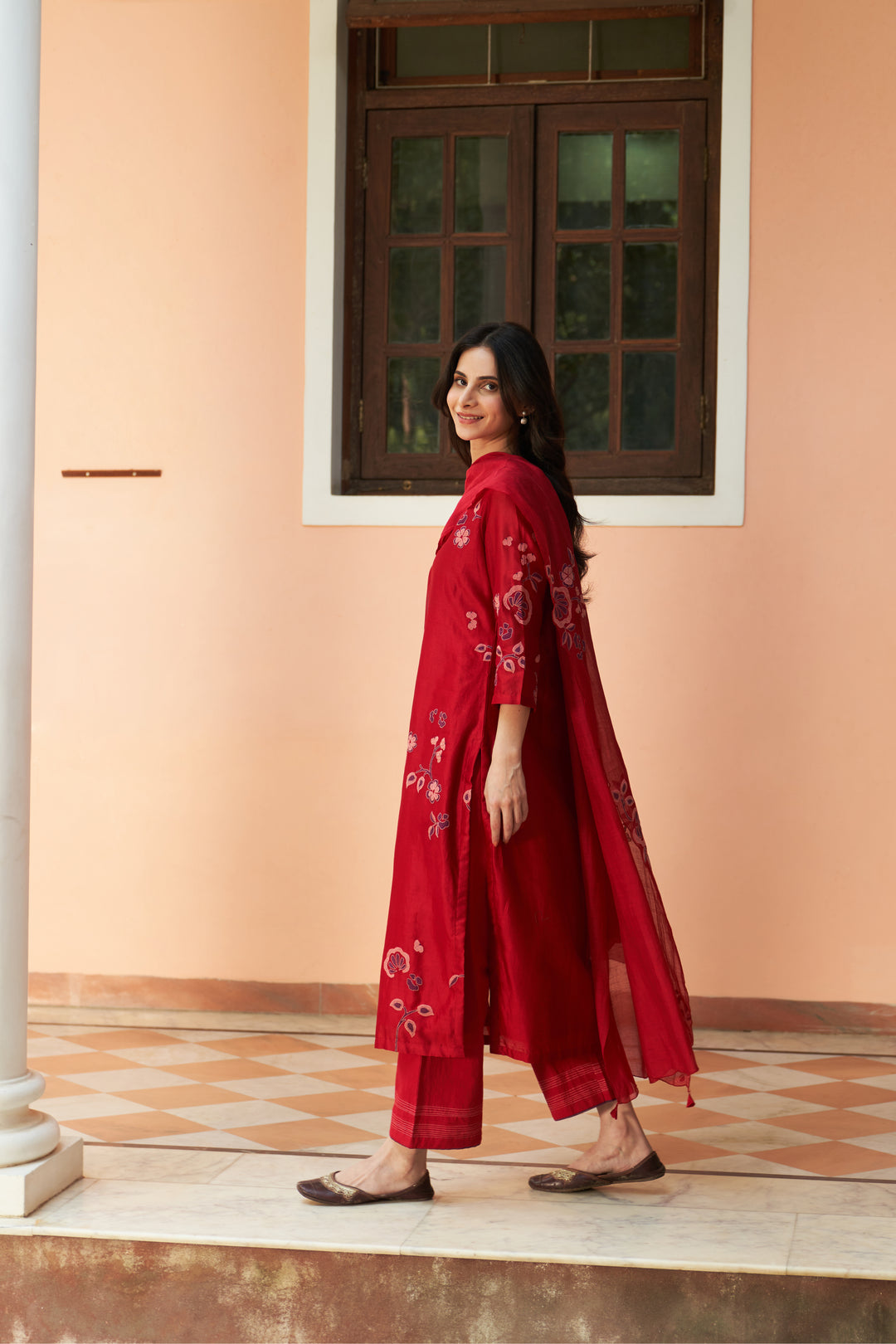 crimson floral applique kurta set