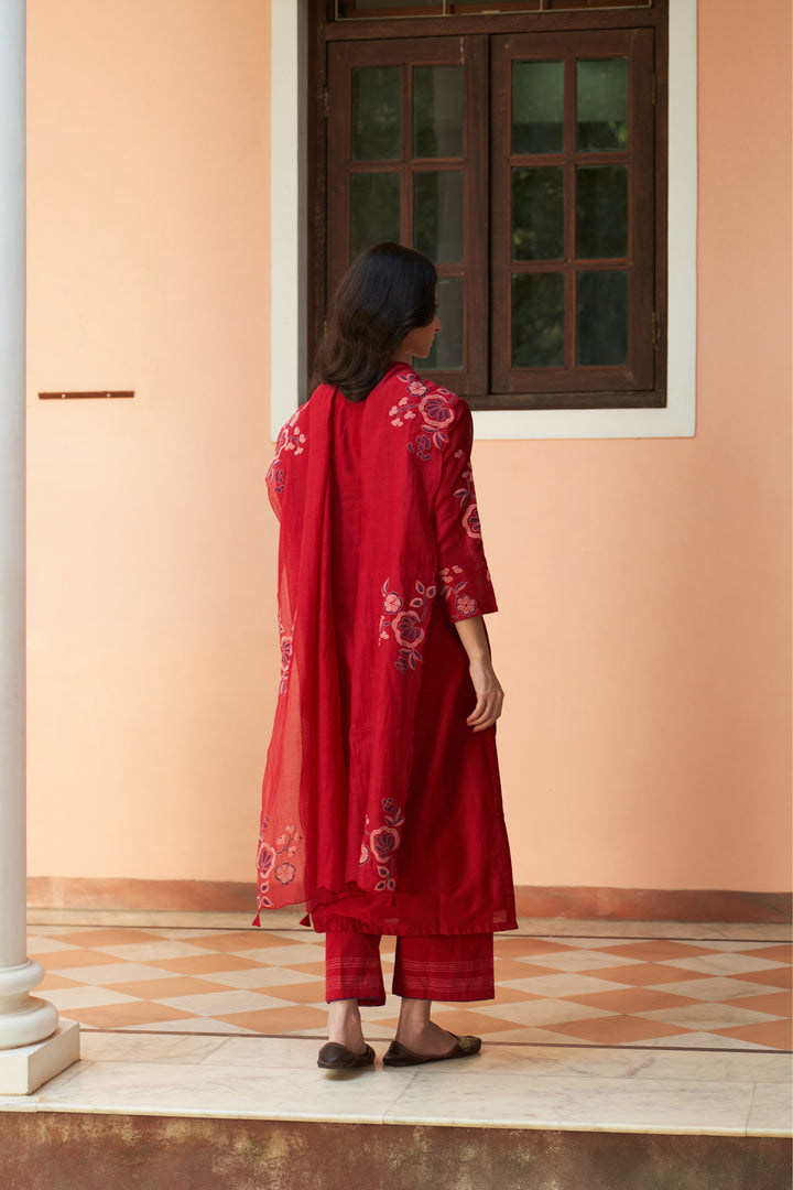 crimson floral applique kurta set