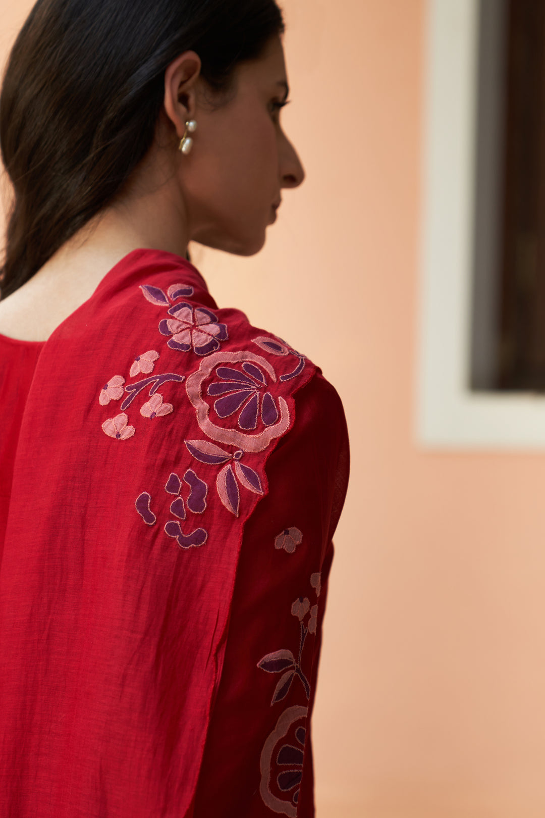 crimson floral applique kurta set