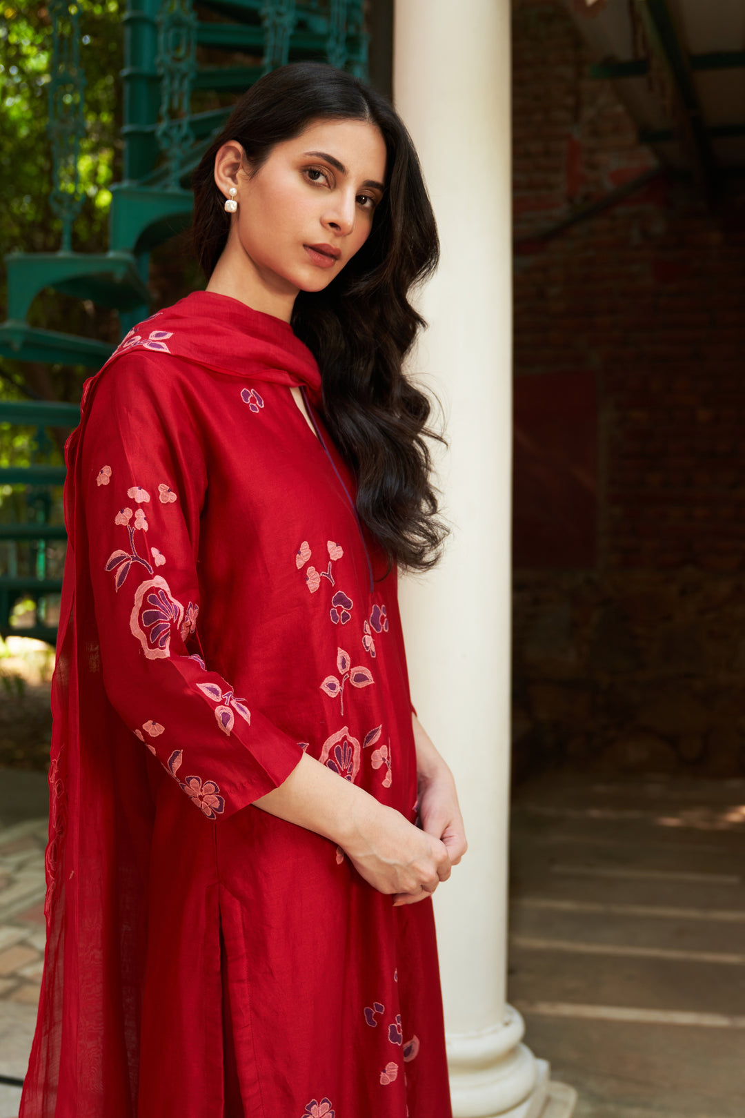 crimson floral applique kurta set