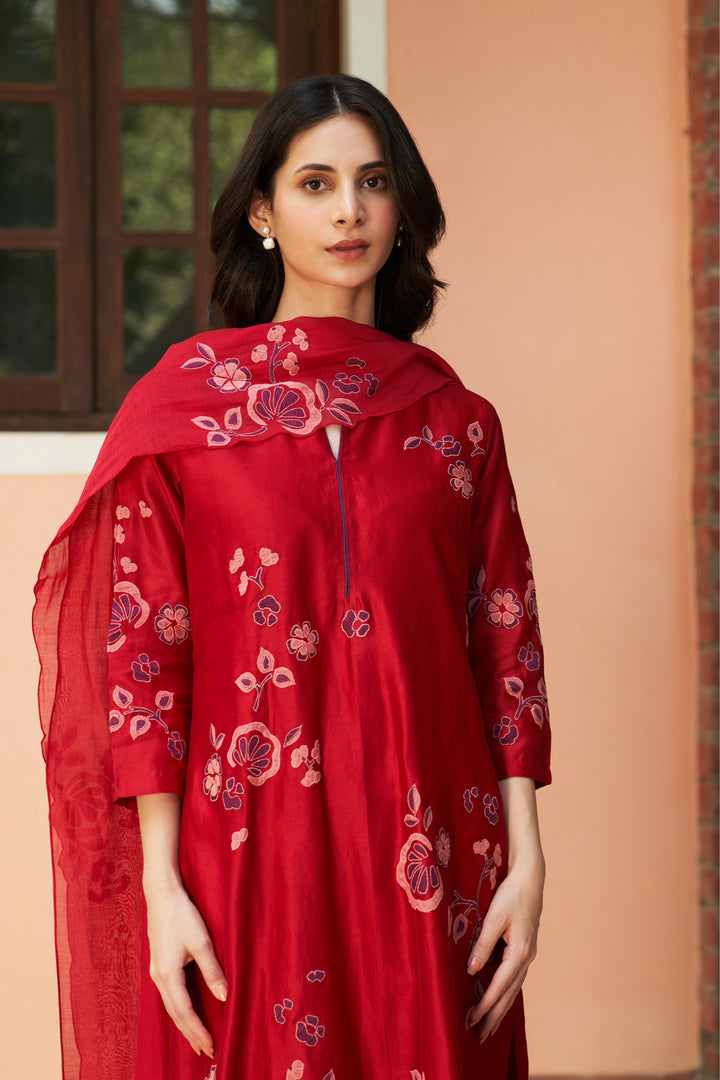 crimson floral applique kurta set