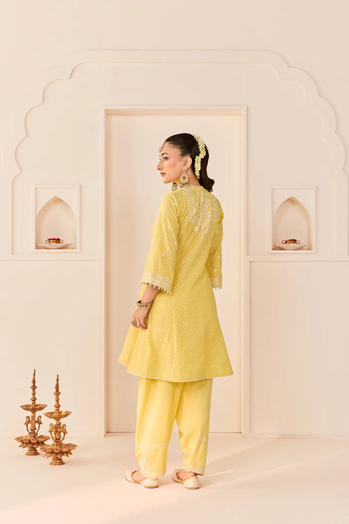 Nida - Lemon Yellow Short Choga With Farshi Salwar and dupatta