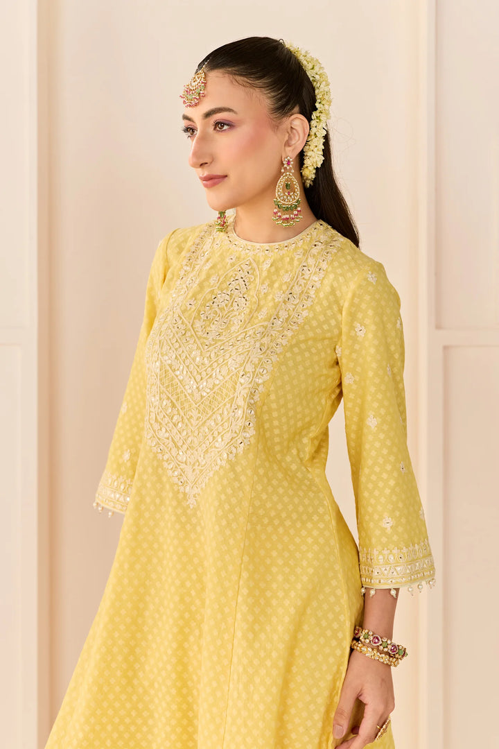 Nida - Lemon Yellow Short Choga With Farshi Salwar and dupatta