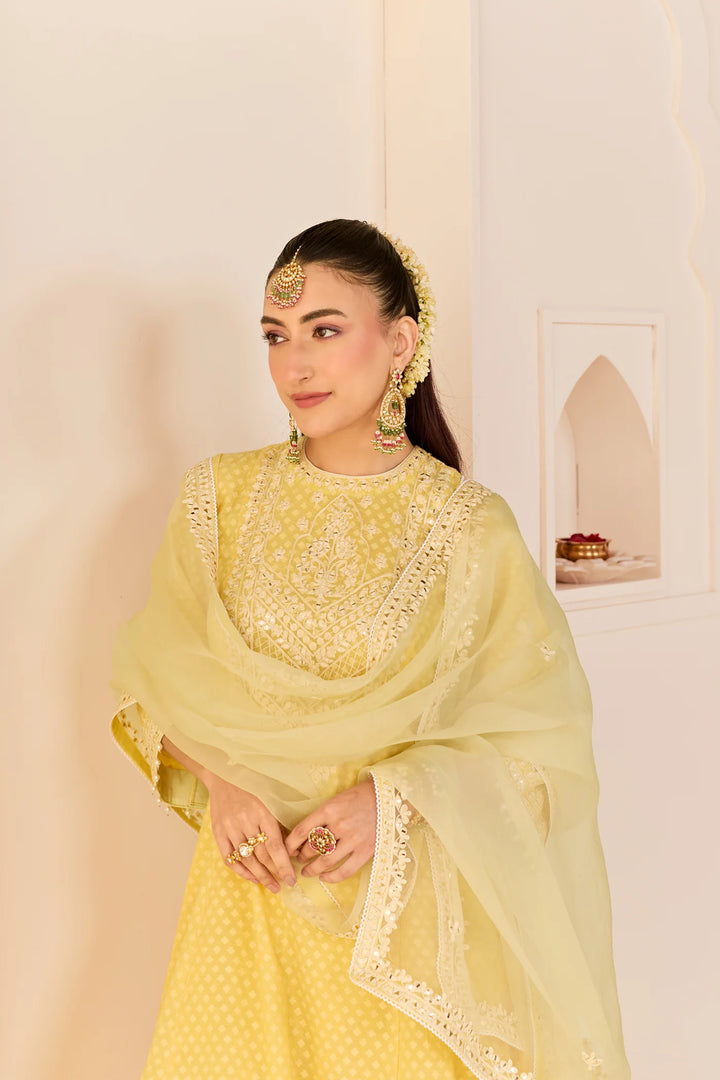 Nida - Lemon Yellow Short Choga With Farshi Salwar and dupatta