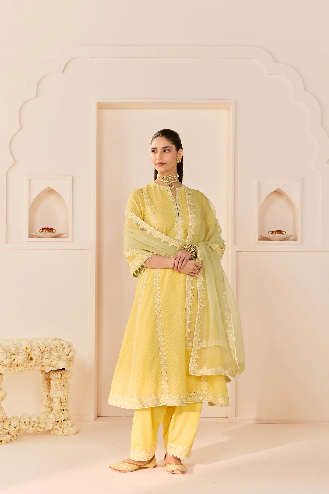 Firdaus -lemon Yellow Long Kalidaar Chauga With Dogri Salwar And Dupatta