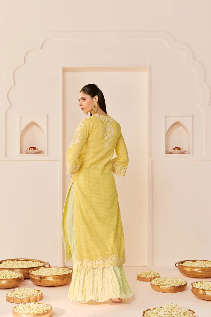Ruhani - Lemon Yellow Long Kurta With Skirt And Dupatta