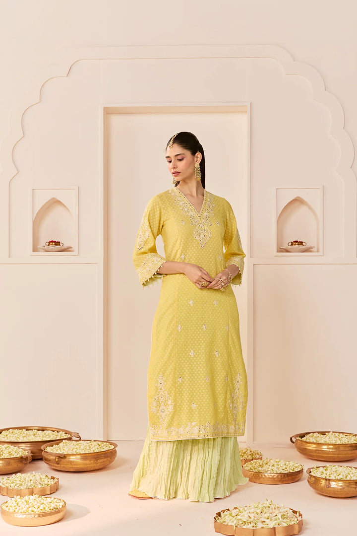 Ruhani - Lemon Yellow Long Kurta With Skirt And Dupatta