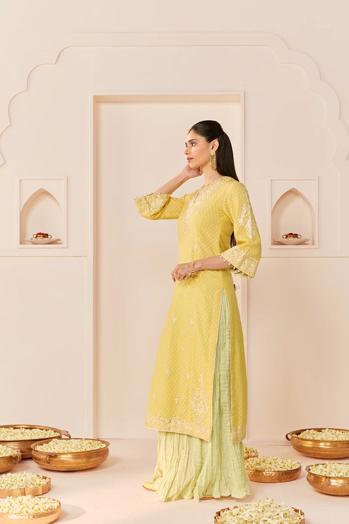 Ruhani - Lemon Yellow Long Kurta With Skirt And Dupatta