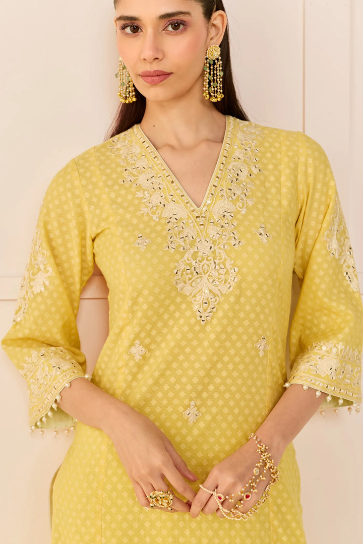 Ruhani - Lemon Yellow Long Kurta With Skirt And Dupatta