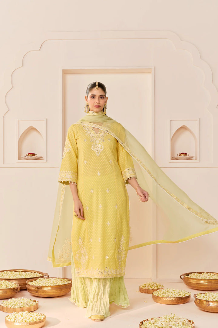 Ruhani - Lemon Yellow Long Kurta With Skirt And Dupatta