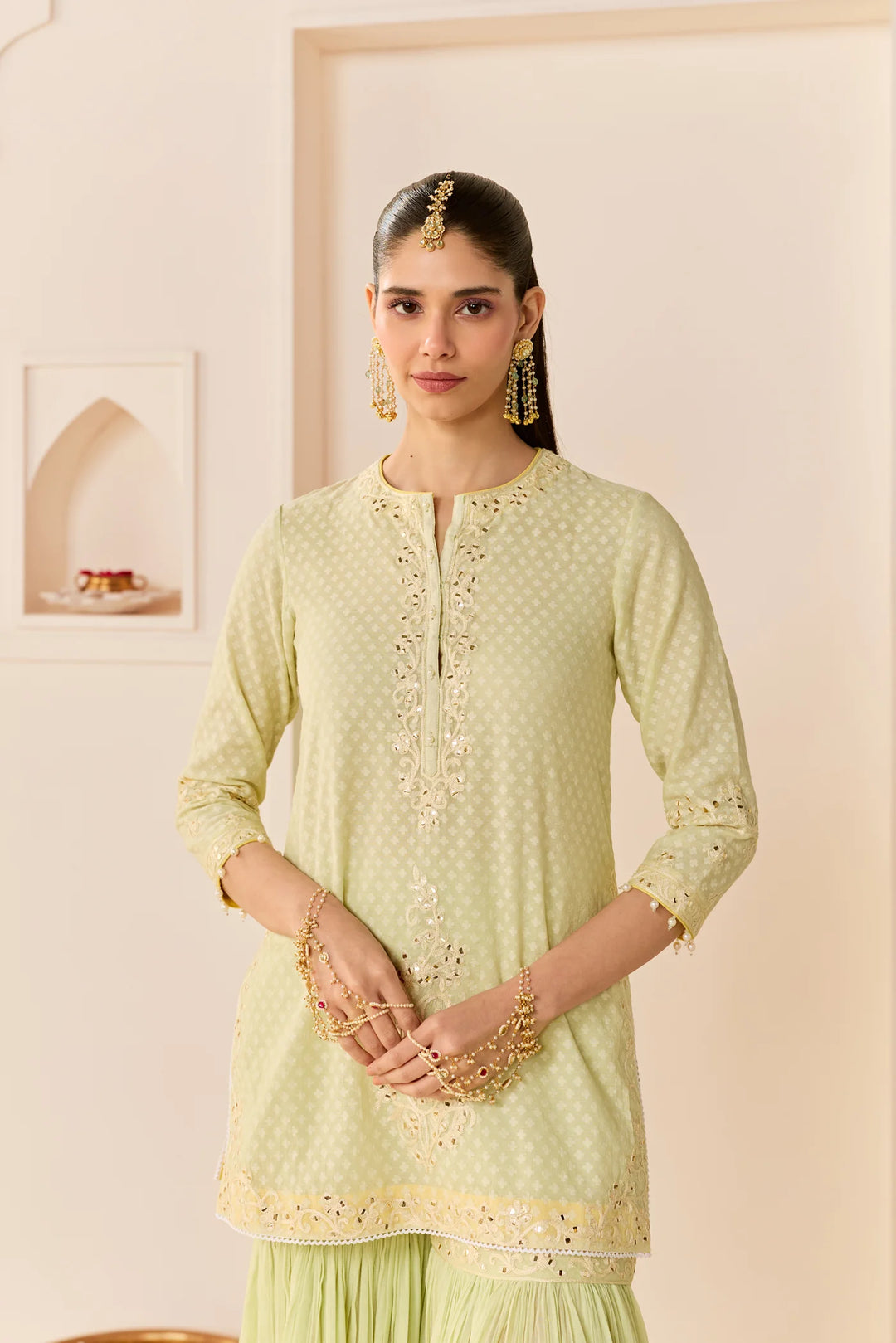 Yasneen - Mint Green Short Kurta With Garara And Dupatta