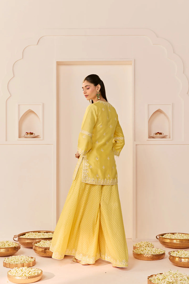 Rehma - Lemon Yellow Short Kurta With Sharara And Dupatta