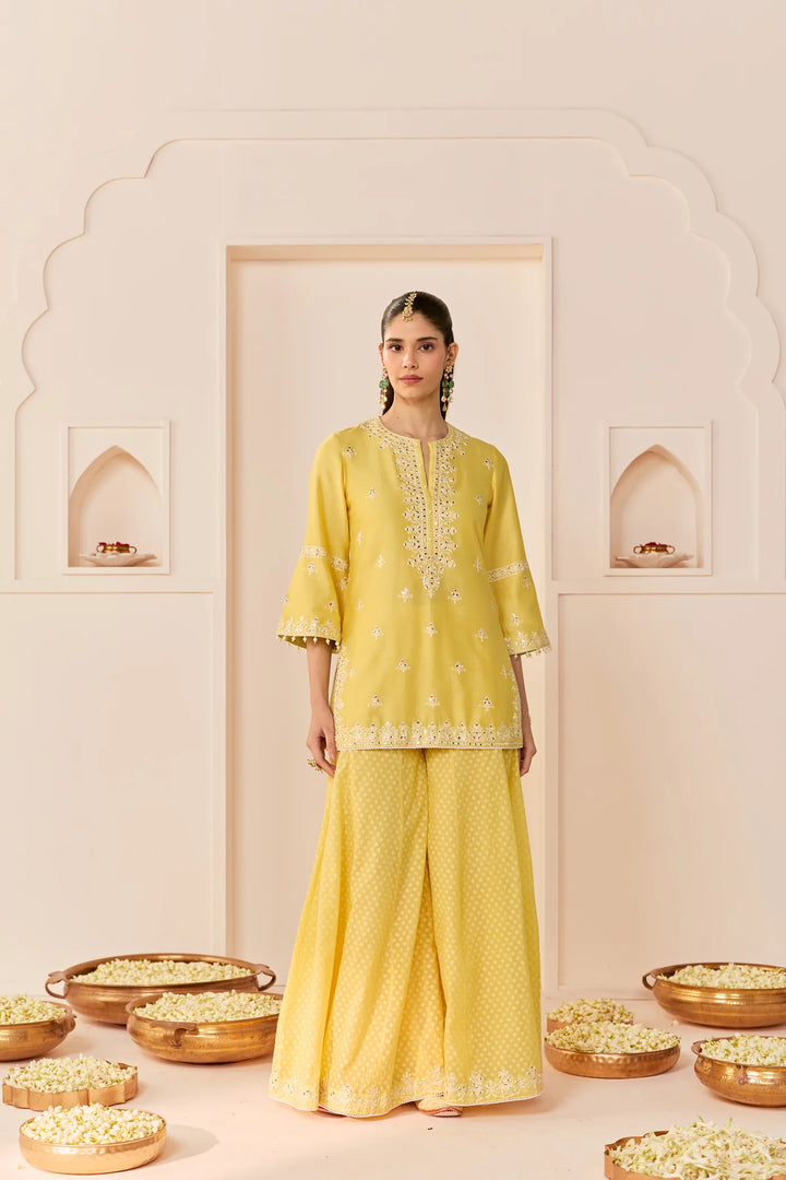 Rehma - Lemon Yellow Short Kurta With Sharara And Dupatta