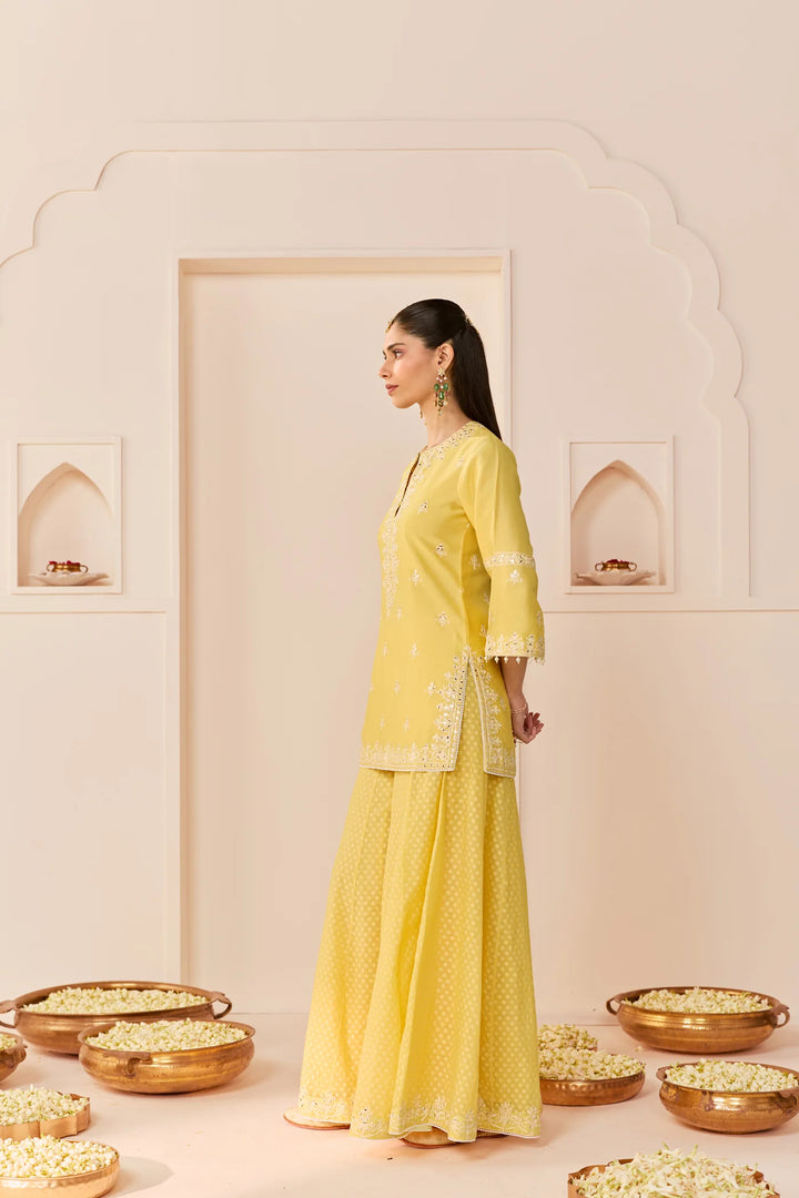 Rehma - Lemon Yellow Short Kurta With Sharara And Dupatta