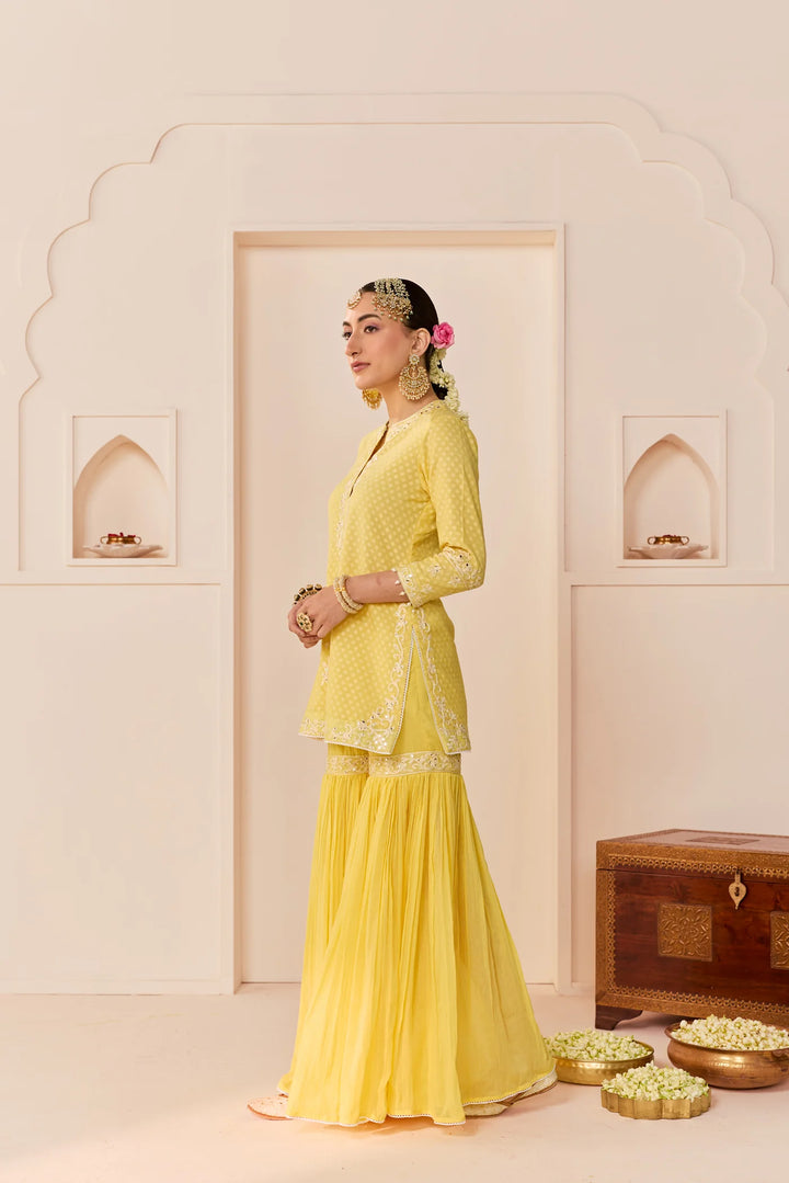 Yasneen - Lemon Yellow Short Kurta With Garara And Dupatta