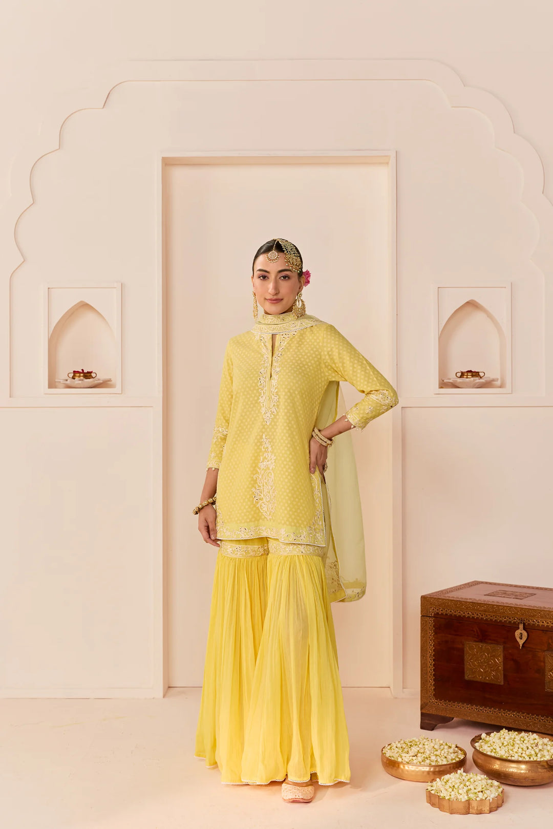 Yasneen - Lemon Yellow Short Kurta With Garara And Dupatta