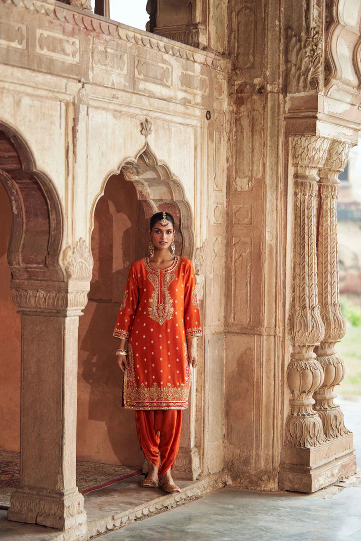 Fahmida - Burnt Orange Short Kurta with Salwar