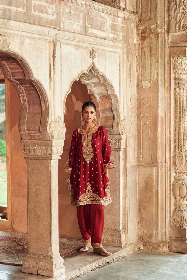 Mehwish - Deep Red Short Kurta with Salwar and Dupatta