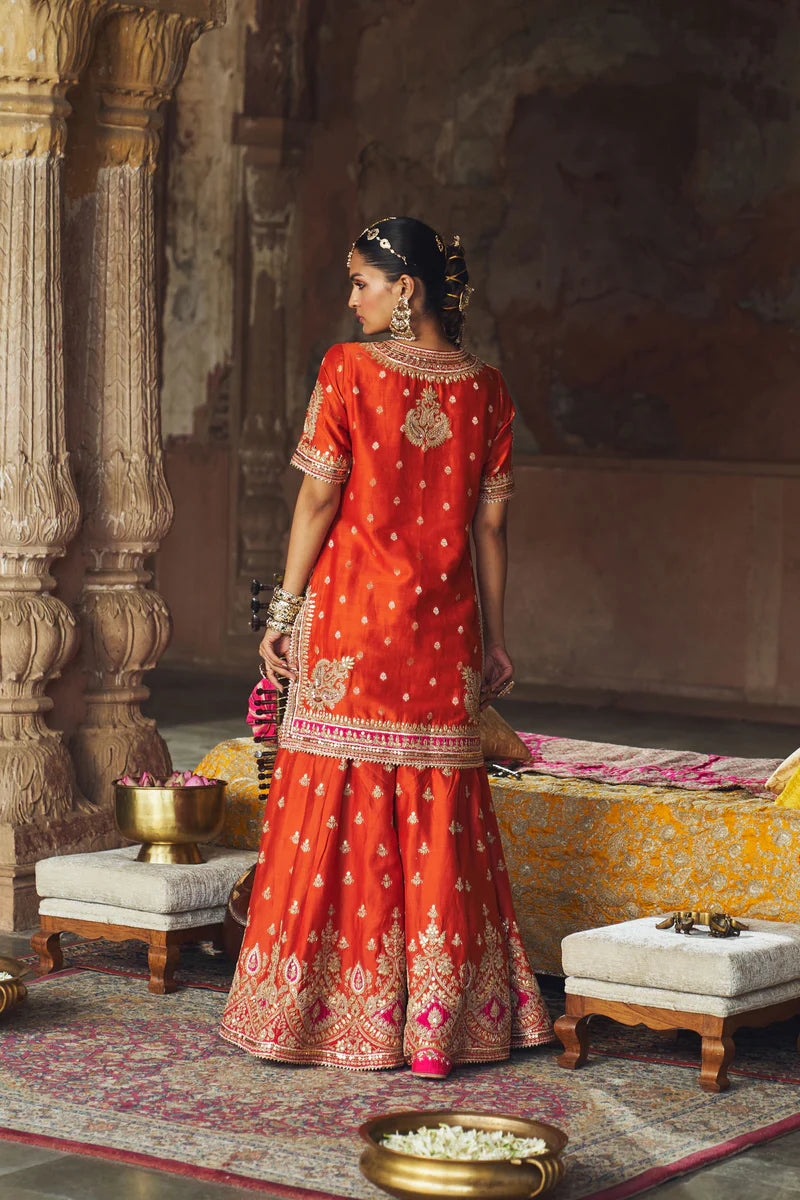 Areesha - Burnt Orange Short Kurta with Sharara and Dupatta