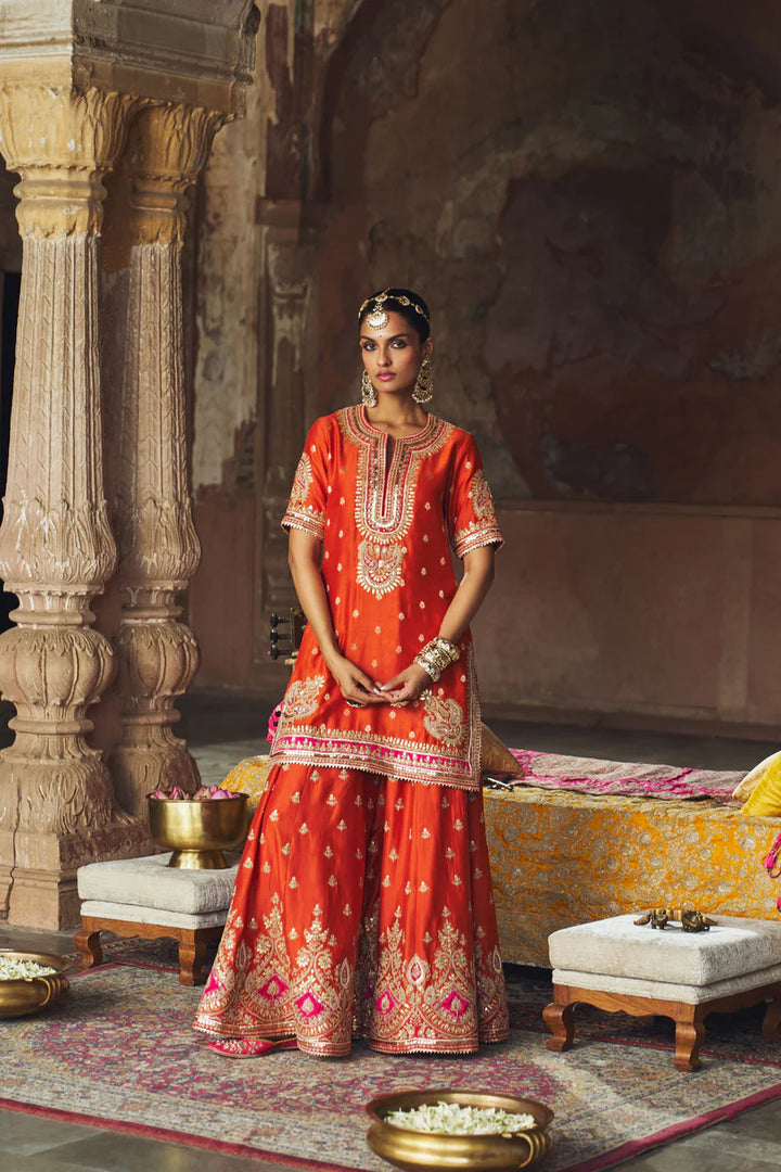 Areesha - Burnt Orange Short Kurta with Sharara and Dupatta