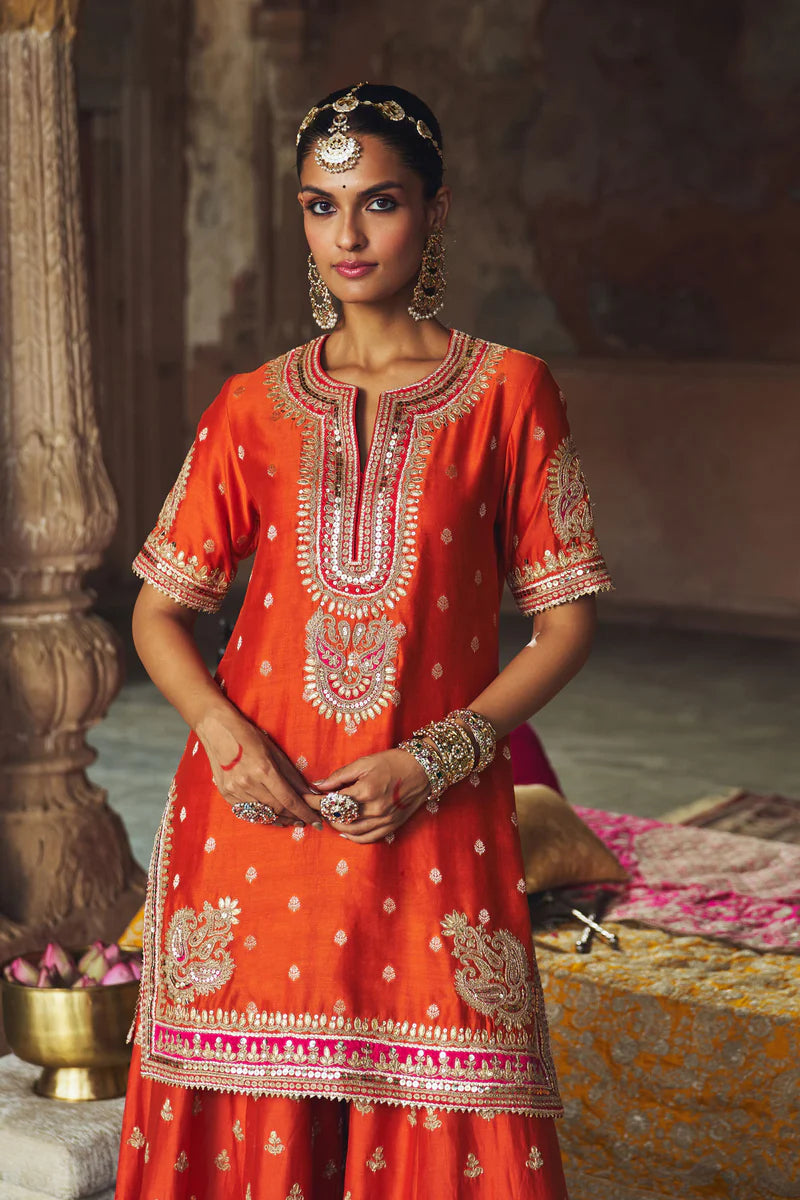 Areesha - Burnt Orange Short Kurta with Sharara and Dupatta
