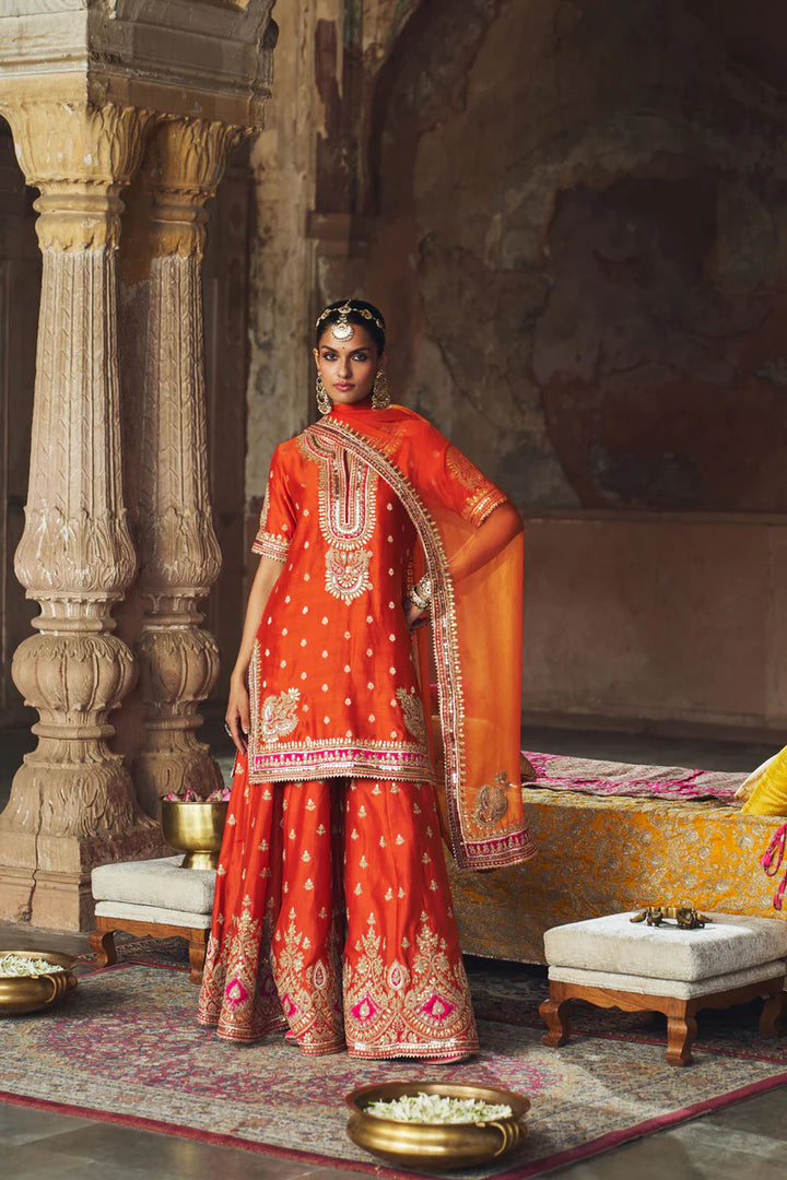 Areesha - Burnt Orange Short Kurta with Sharara and Dupatta