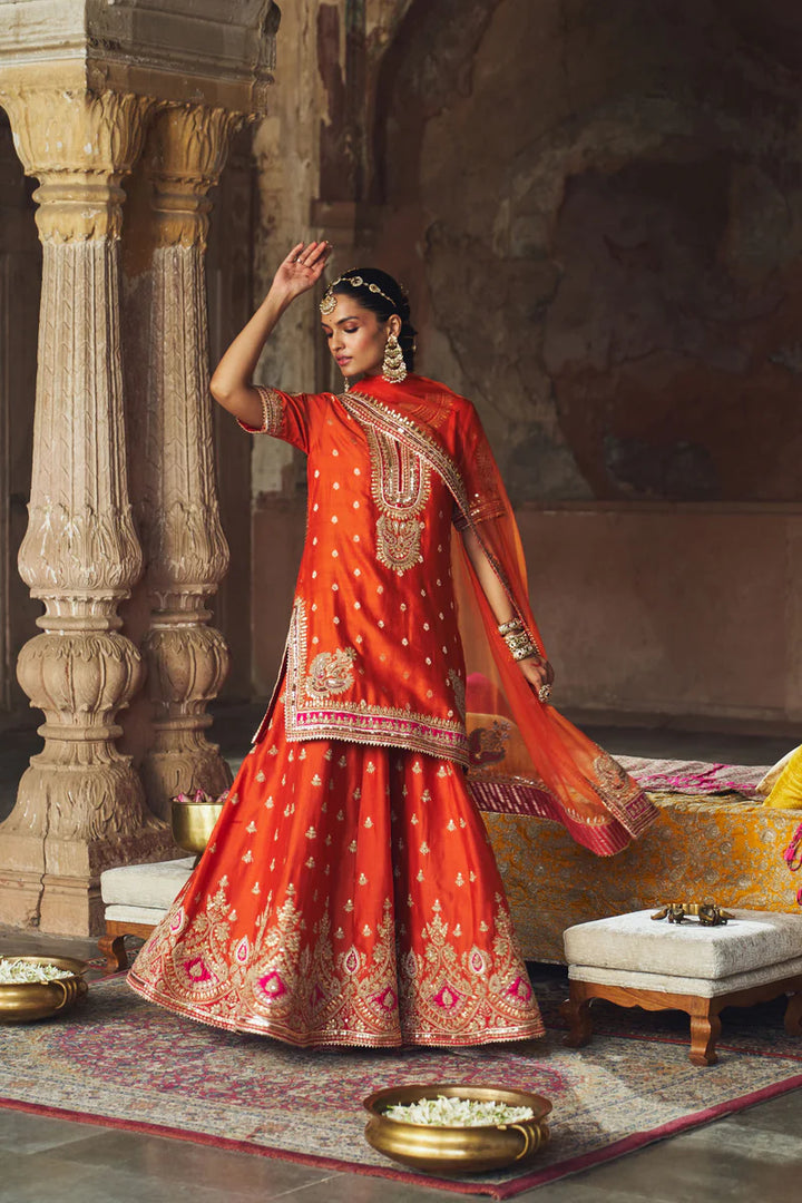 Areesha - Burnt Orange Short Kurta with Sharara and Dupatta