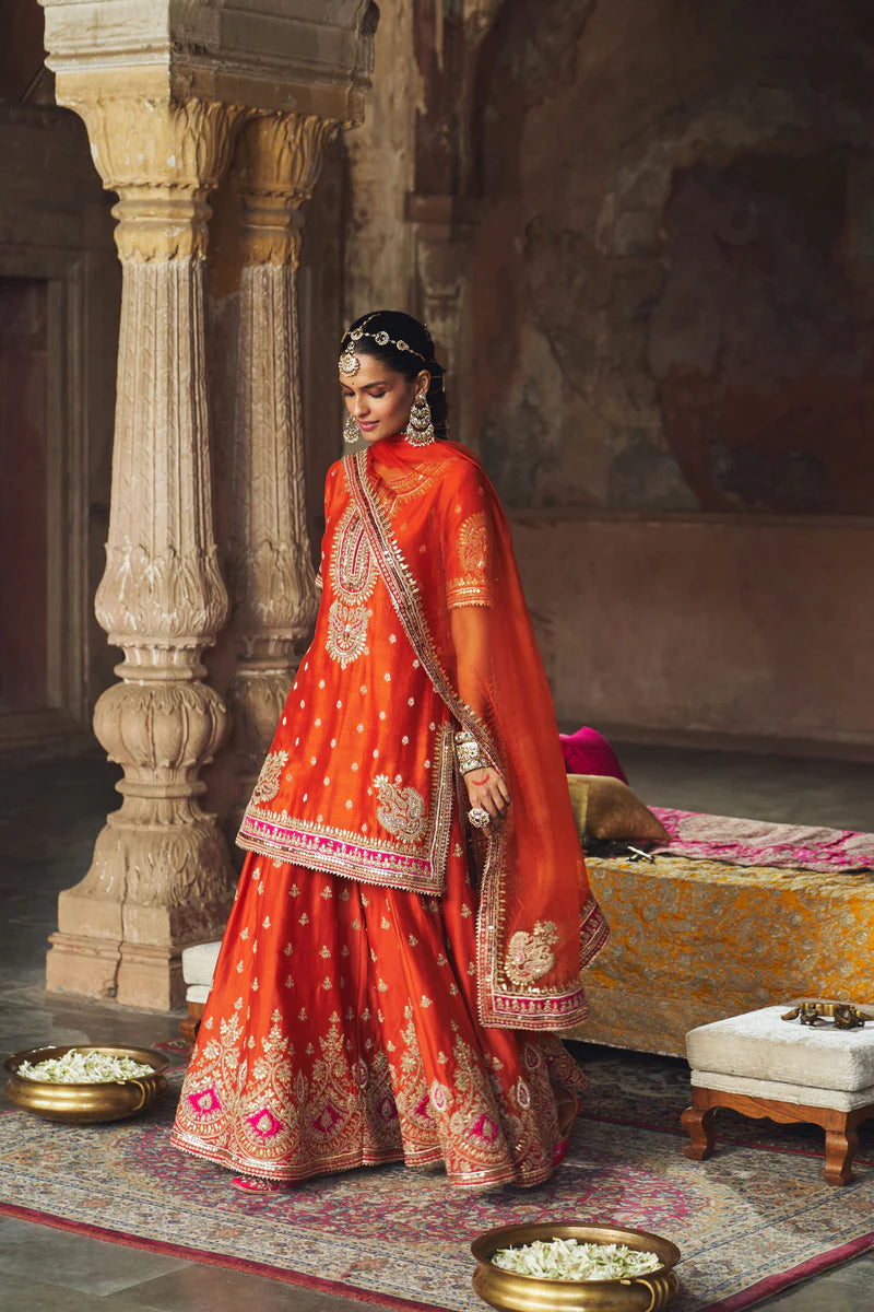 Areesha - Burnt Orange Short Kurta with Sharara and Dupatta