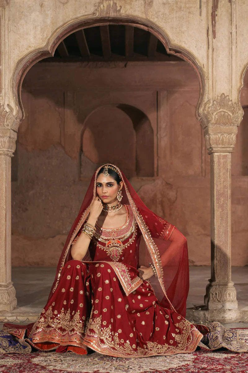 Samreen - Deep Red Short Kurta with Sharara and Dupatta