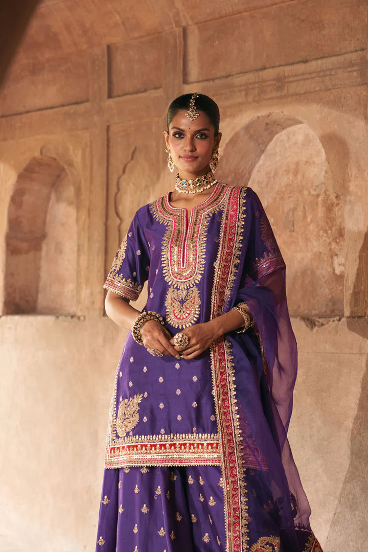 Areesha - Deep Purple Short Kurta with Sharara and Dupatta