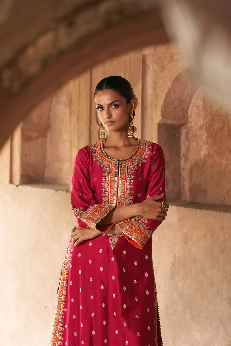 Sumaira - Hotpink Long Kurta with Palazzo and Dupatta