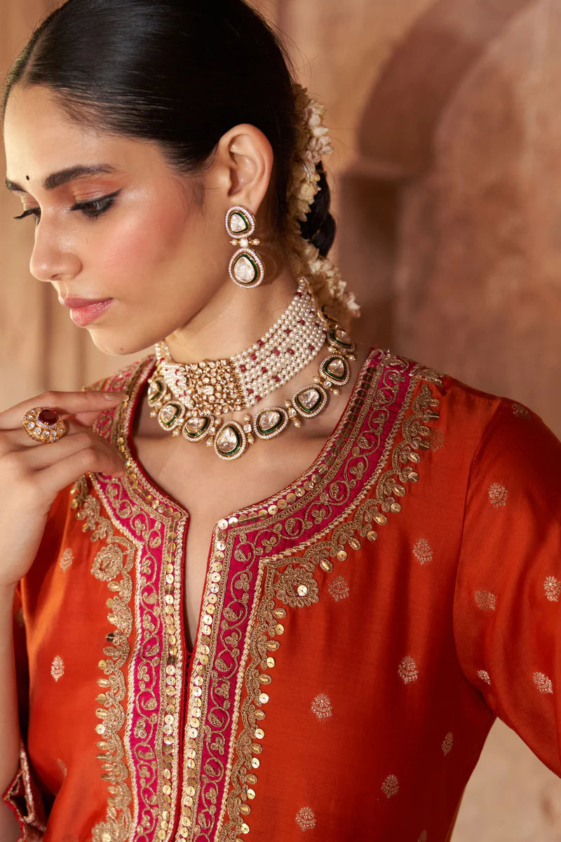 Sobia - Burnt Orange Long Kurta with Palazzo and Dupatta