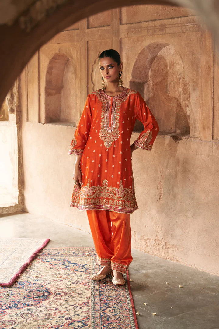 Farhana - Burnt Orange Short Kurta with Salwar and Dupatta