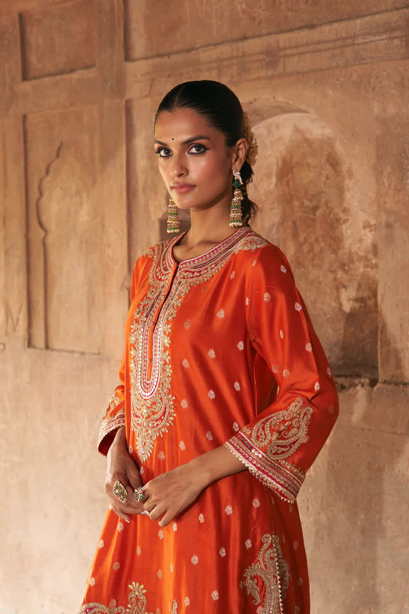 Farhana - Burnt Orange Short Kurta with Salwar and Dupatta