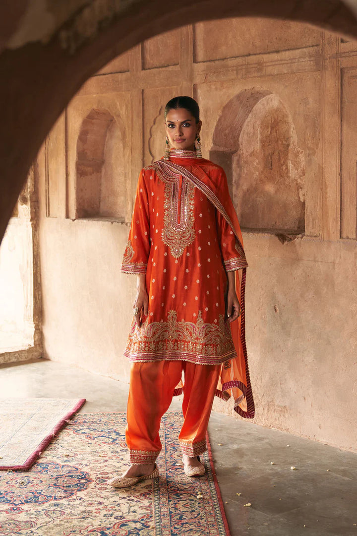 Farhana - Burnt Orange Short Kurta with Salwar and Dupatta