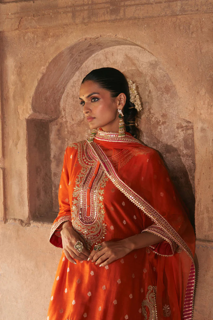 Farhana - Burnt Orange Short Kurta with Salwar and Dupatta