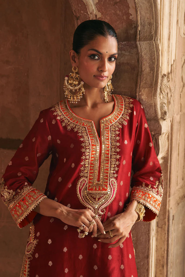 Sumaira - Deep Red Long Kurta with Palazzo and Dupatta