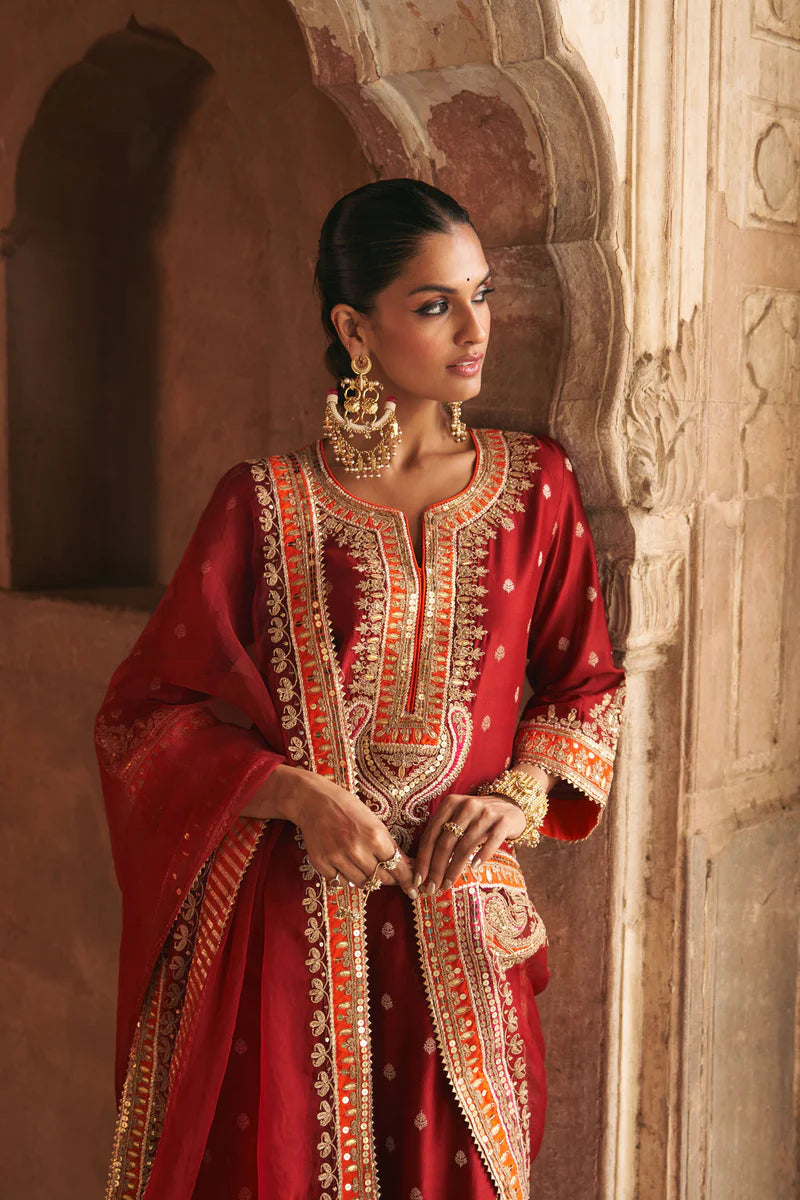 Sumaira - Deep Red Long Kurta with Palazzo and Dupatta