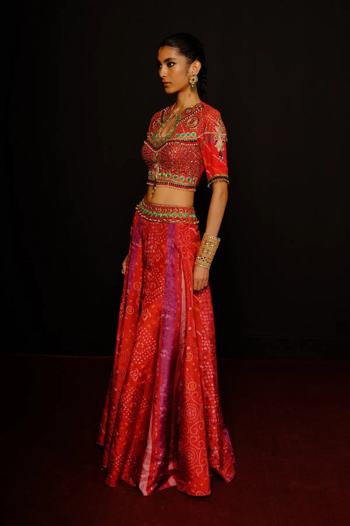Red Keyhole Lehenga Set