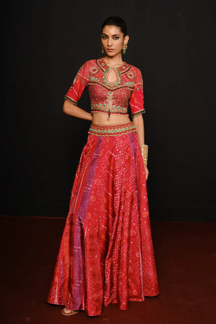 Red Keyhole Lehenga Set