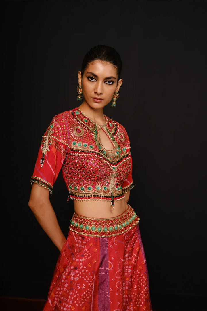 Red Keyhole Lehenga Set
