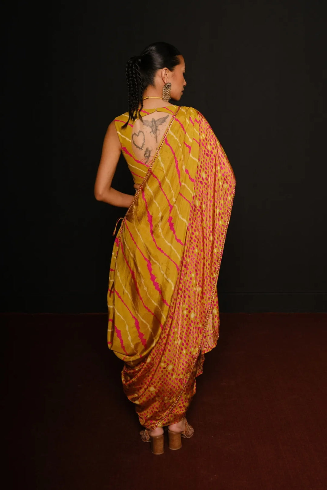 Lime Green Keyhole Drape Saree Set