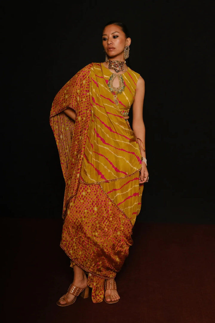 Lime Green Keyhole Drape Saree Set