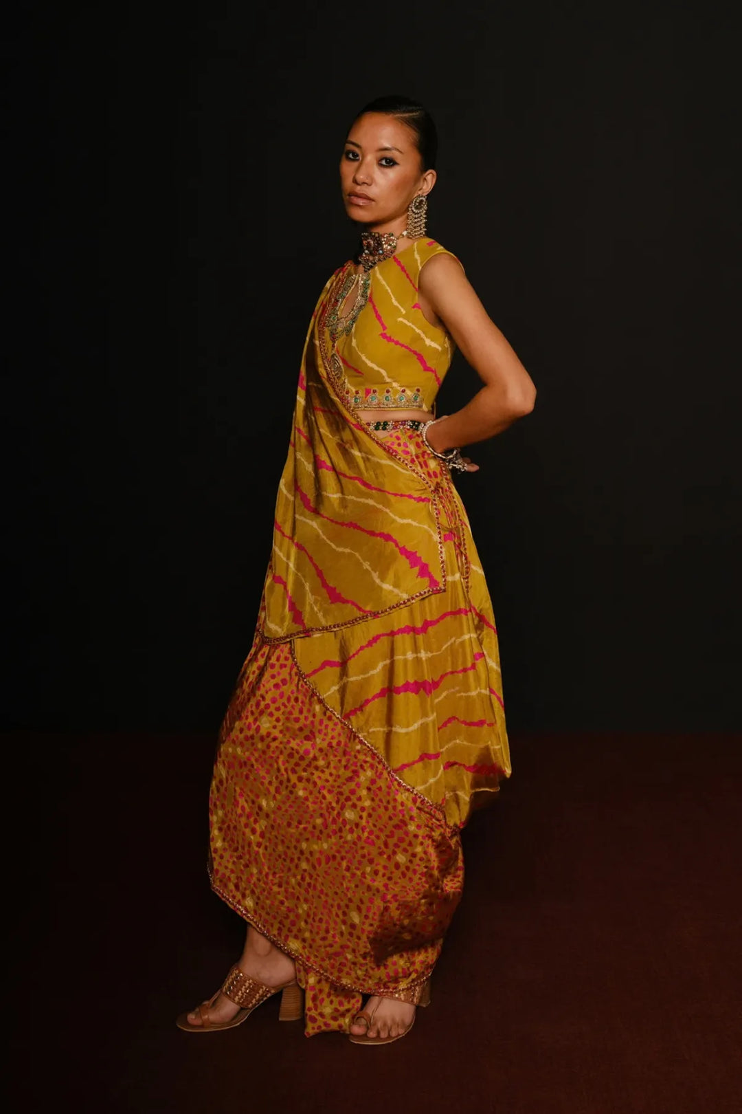 Lime Green Keyhole Drape Saree Set
