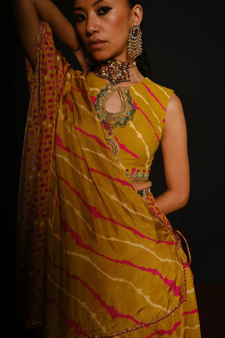 Lime Green Keyhole Drape Saree Set