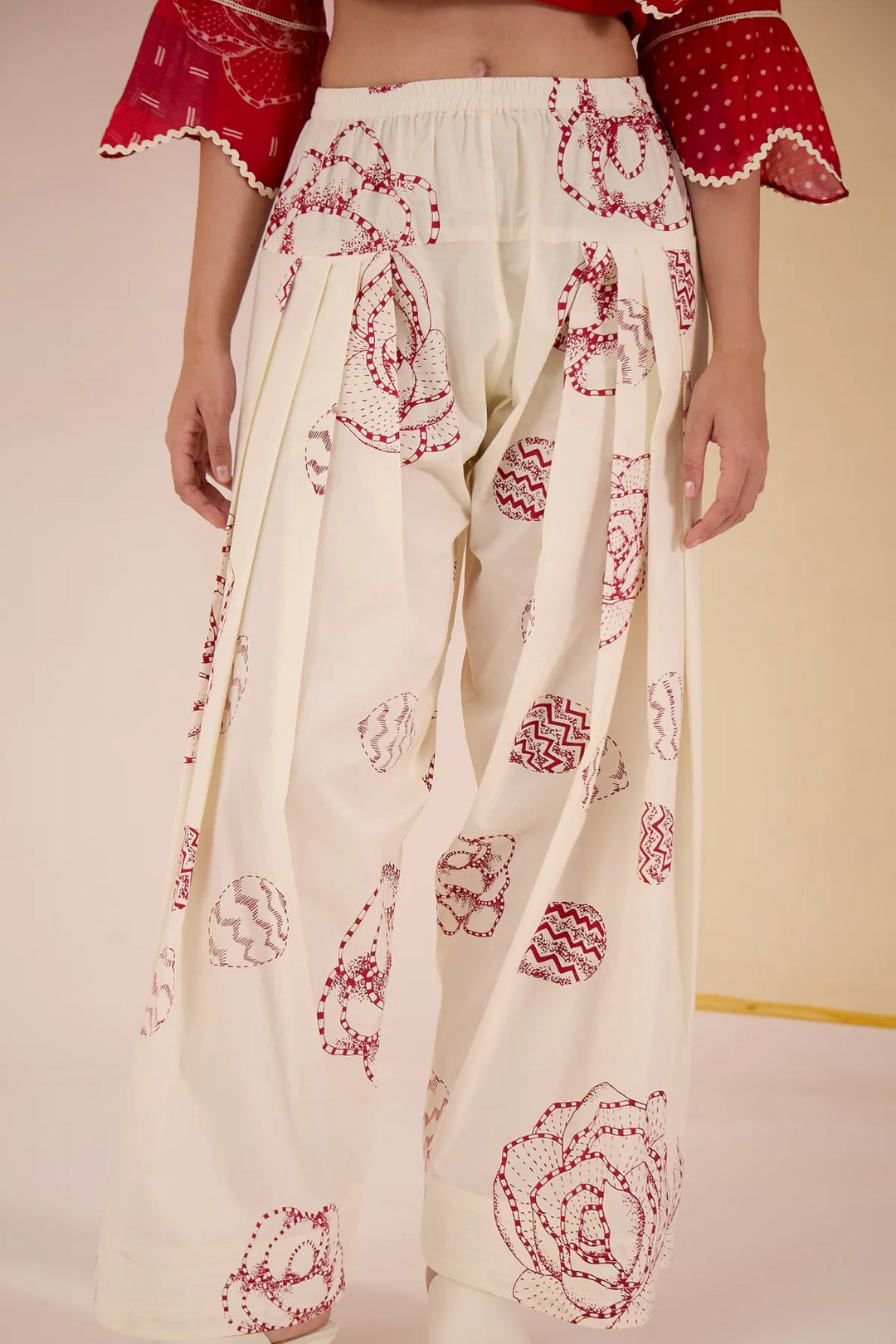 Red Short Scallop Kurta with Farshi Salwar