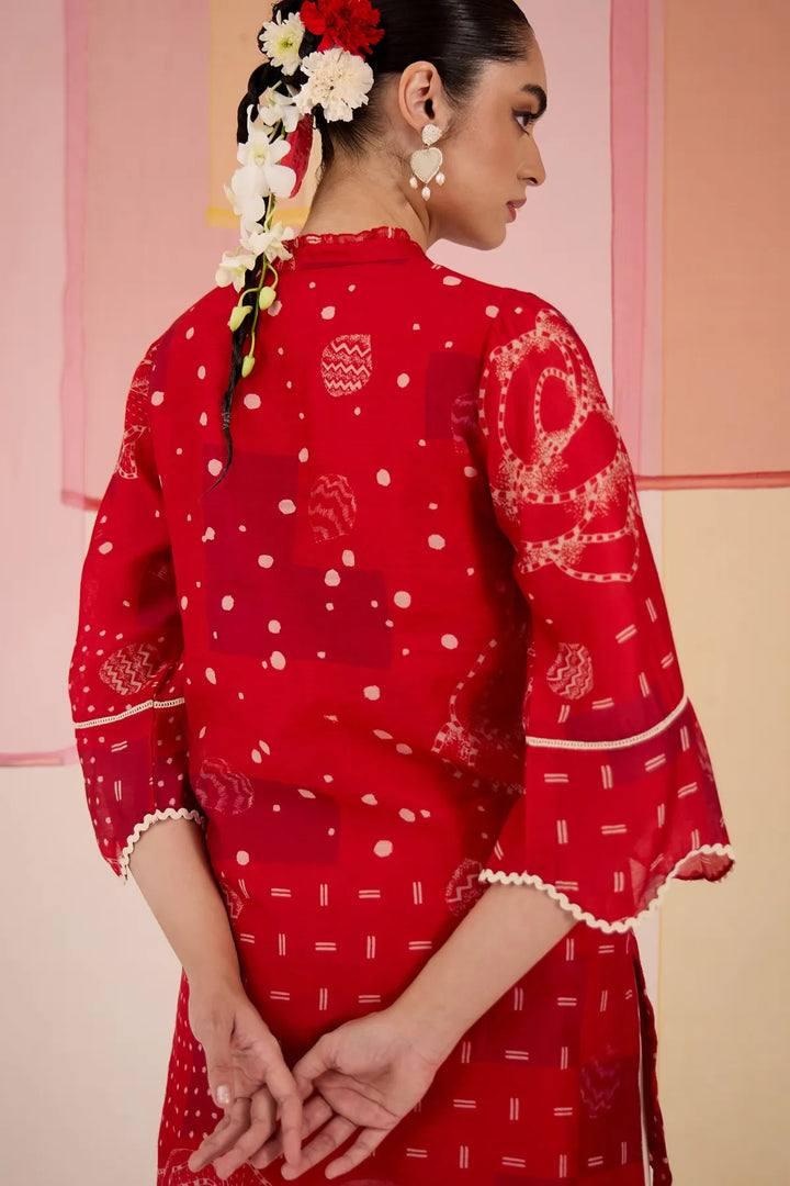 Red Short Scallop Kurta with Farshi Salwar