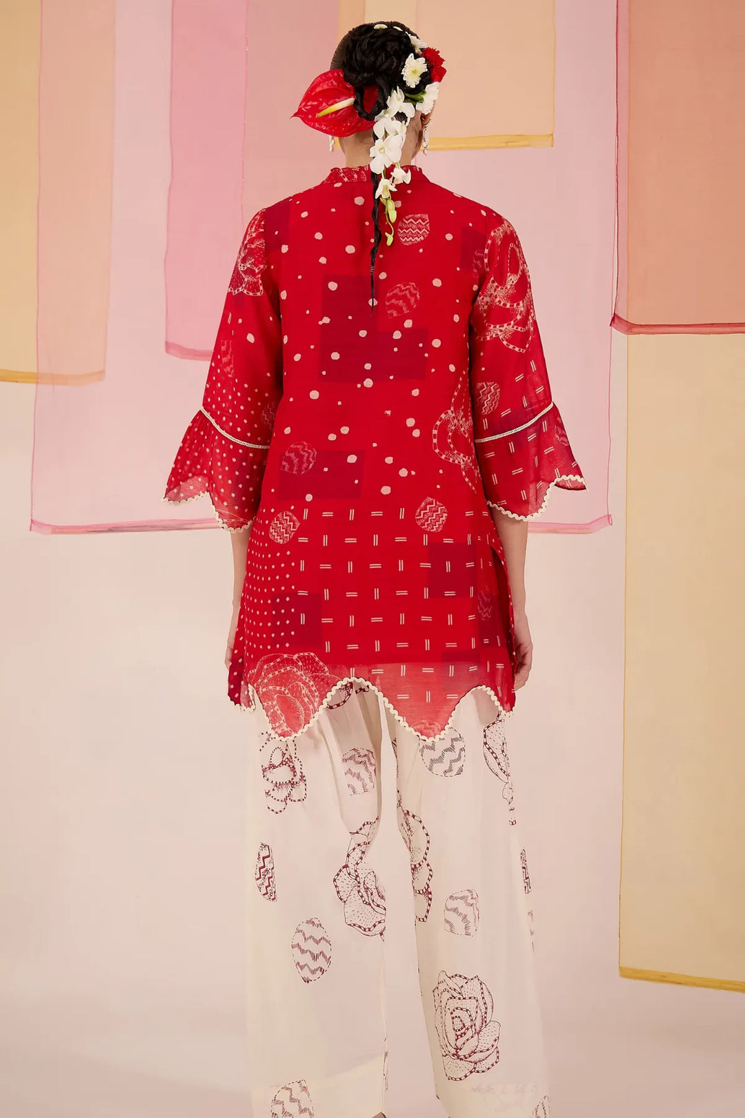 Red Short Scallop Kurta with Farshi Salwar