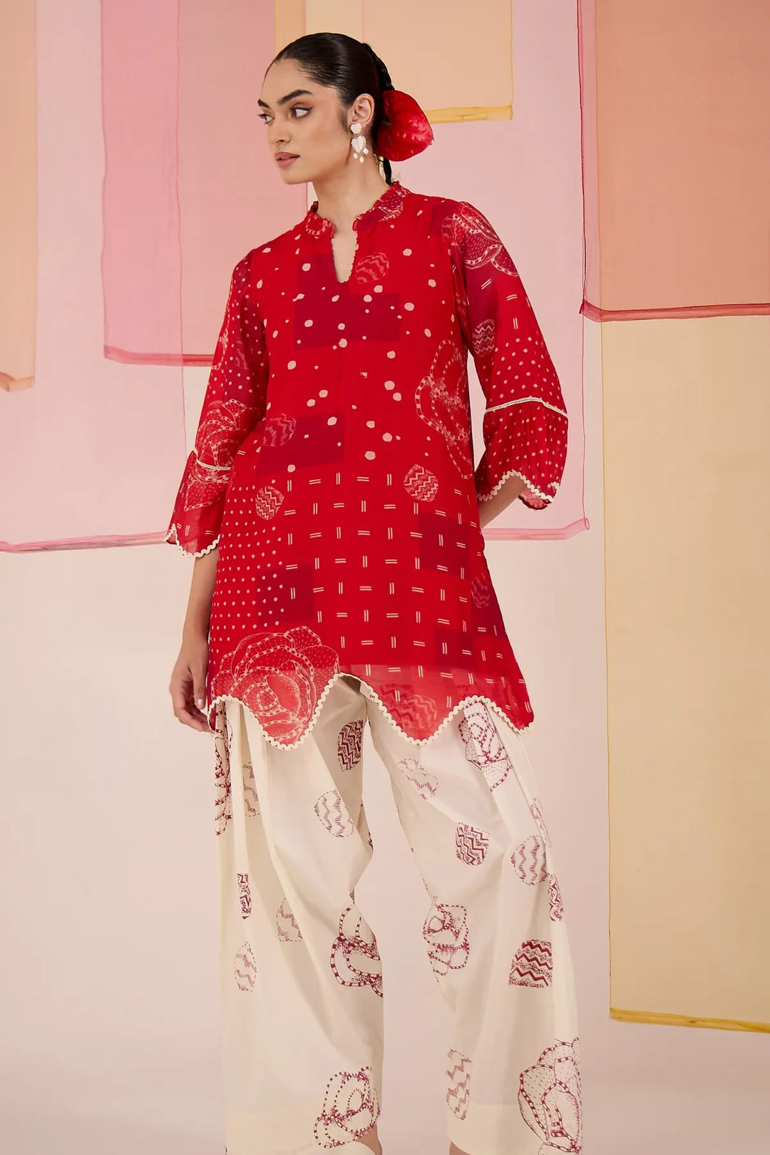 Red Short Scallop Kurta with Farshi Salwar